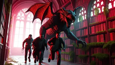 A terrifying dragon with red wings and sharp teeth lunges forward in a library filled with bookshelves, while three men in casual clothing run away in fear.
