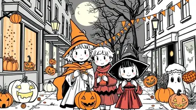 Three children dressed as witches stand on a street decorated for Halloween, surrounded by pumpkins and jack-o'-lanterns under a full moon.