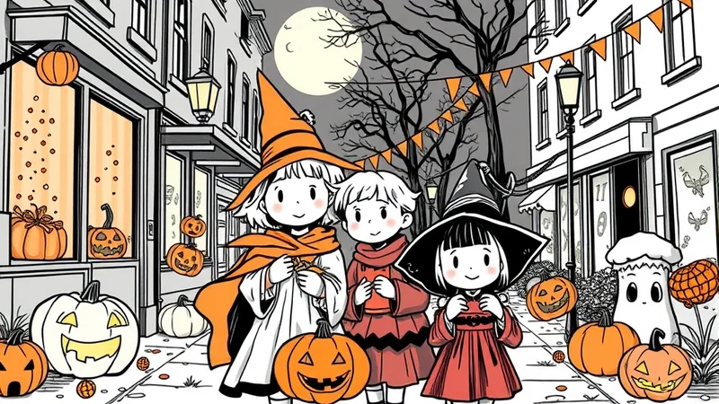 Three children dressed as witches stand on a street decorated for Halloween, surrounded by pumpkins and jack-o'-lanterns under a full moon.
