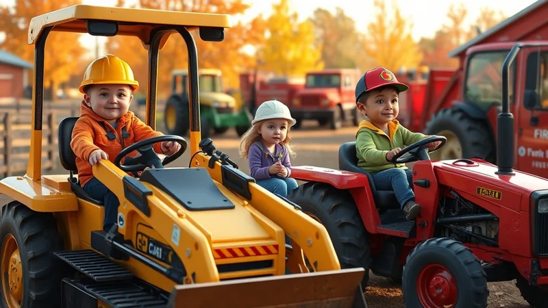 Three young children wearing hard hats sit on toy tractors and construction vehicles on a farm in autumn. The child on the left wears an orange jacket and sits on a yellow bulldozer. The child in the middle wears a purple shirt and sits on the back of the yellow bulldozer. The child on the right wears a green jacket and a red baseball cap and sits on a red tractor.