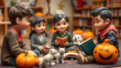 Four cartoon children and two white toy dogs sit on the floor in front of bookshelves, reading books and surrounded by pumpkins, with a festive Halloween atmosphere.