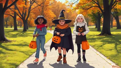 Three young children in Halloween costumes walk down a park path lined with trees in autumn colors, each carrying an orange pumpkin-shaped candy bucket.