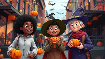 Three cartoon children dressed in Halloween costumes, holding pumpkins and smiling on a decorated street.