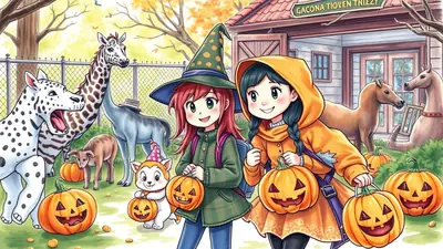 Two young girls dressed in Halloween costumes, one as a witch and the other in an orange hooded jacket, are holding jack-o'-lanterns. They are standing in front of a building with a sign that reads "GACONA TIOVEN TRIEZY". Several animals, including a dalmatian-like creature, a giraffe, a goat, and two horses, are also present in the scene, which has a festive and autumnal atmosphere.