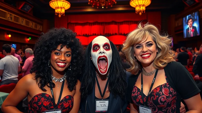 Three people in costumes pose for a photo in a dimly lit room with red curtains and ornate chandeliers. The person in the center wears a pale mask with exaggerated red makeup around the eyes and mouth, their mouth wide open in a scream. The person on the left has dark curly hair and a wide smile, while the person on the right has blonde hair and a similar smile. All three are wearing lanyards with name tags.