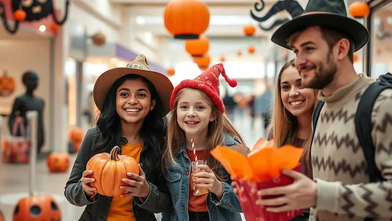 A group of four people, two young girls and two young adults, are smiling and posing for a photo in a mall decorated for Halloween. The girls are wearing witch hats, and one is holding a pumpkin. The adults are also dressed in festive attire, and the man is holding a gift bag.