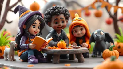 Three cartoon children in Halloween costumes gather around a small wooden table outdoors, with pumpkins and fall decorations in the background. One child dressed as a witch reads a book, while another in a pumpkin costume looks on, and a third child in a dark jacket smiles. A small black dragon figure and a white lamb are also present.