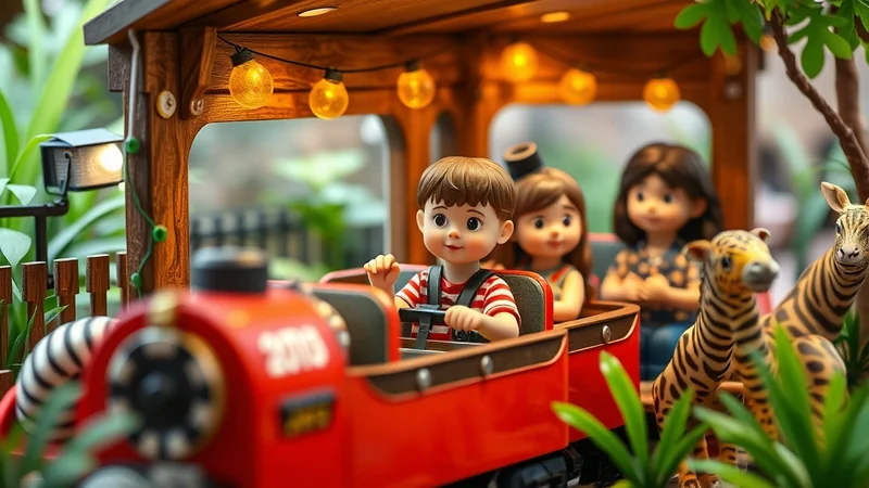 A group of cartoon children ride in a red toy train through a whimsical outdoor setting with decorative lights and toy zebras.