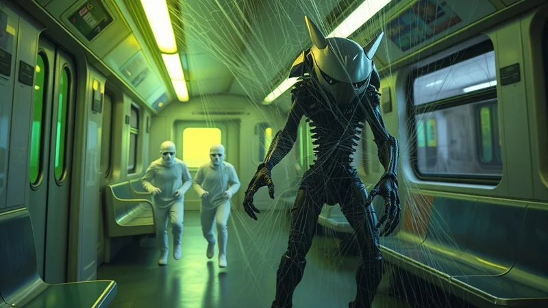 A terrifying creature with a metallic, horned mask and a skeletal body, covered in cobwebs, stands in a subway car while two figures in white suits run away from it.