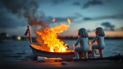 Two toy figures sit in a small boat engulfed in flames on the water at dusk, with smoke billowing into the twilight sky.