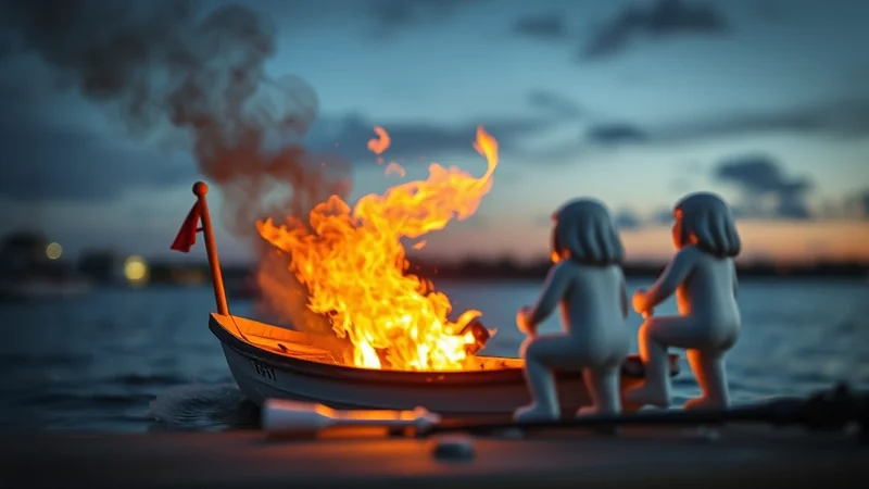 Two toy figures sit in a small boat engulfed in flames on the water at dusk, with smoke billowing into the twilight sky.