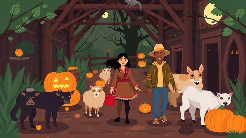 A young woman and a young man stand in front of a rustic wooden structure decorated with pumpkins and surrounded by sheep and goats. The scene has a Halloween theme with a full moon and a raccoon perched on a rafter.