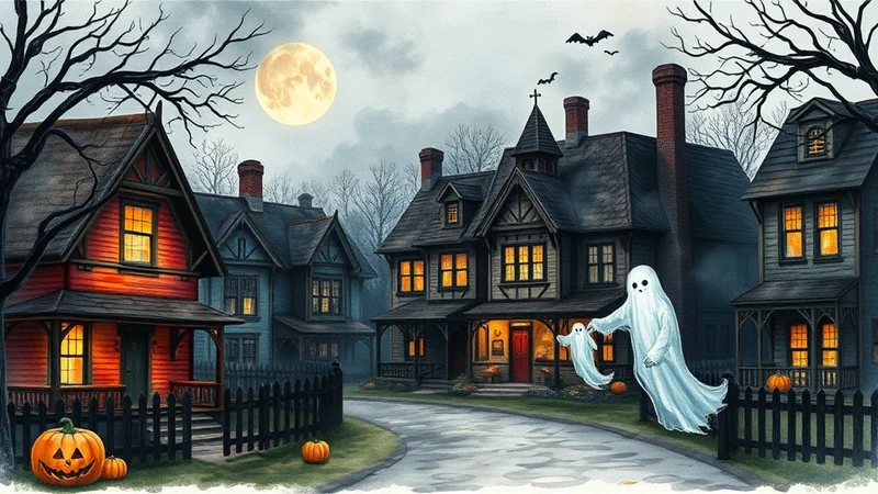 A spooky Halloween scene with a row of haunted houses under a full moon, featuring ghosts floating in front of a house and jack-o'-lanterns on the lawn.