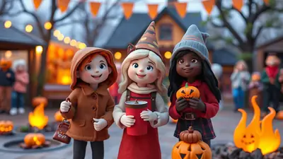 Three cartoon-style children in Halloween costumes stand together outdoors at night, with pumpkins and festive lights in the background.