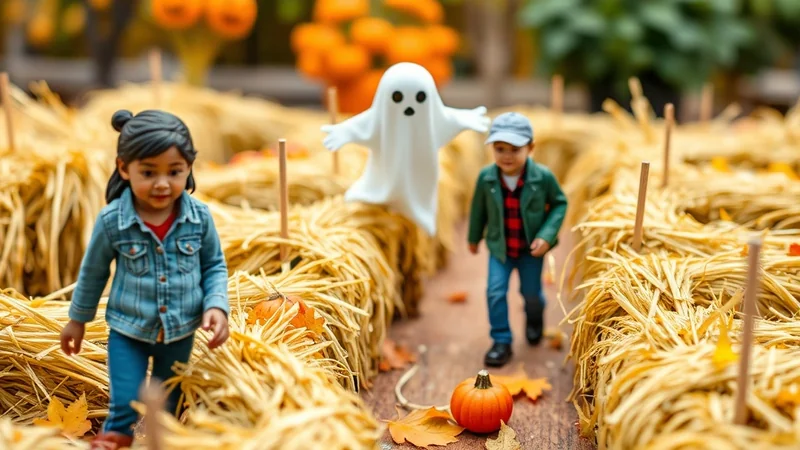 A young girl in a denim jacket and jeans walks through a Halloween-themed hay maze, with a boy in a green jacket and a ghost decoration in the background.