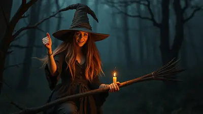 A smiling witch in a pointed hat and dark dress sits on a broomstick in a foggy forest at night, holding a lit candle and giving a thumbs-up.