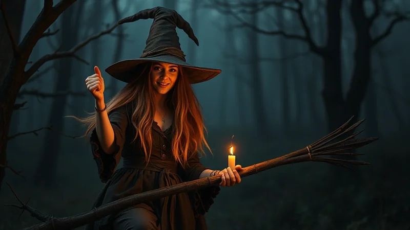 A smiling witch in a pointed hat and dark dress sits on a broomstick in a foggy forest at night, holding a lit candle and giving a thumbs-up.