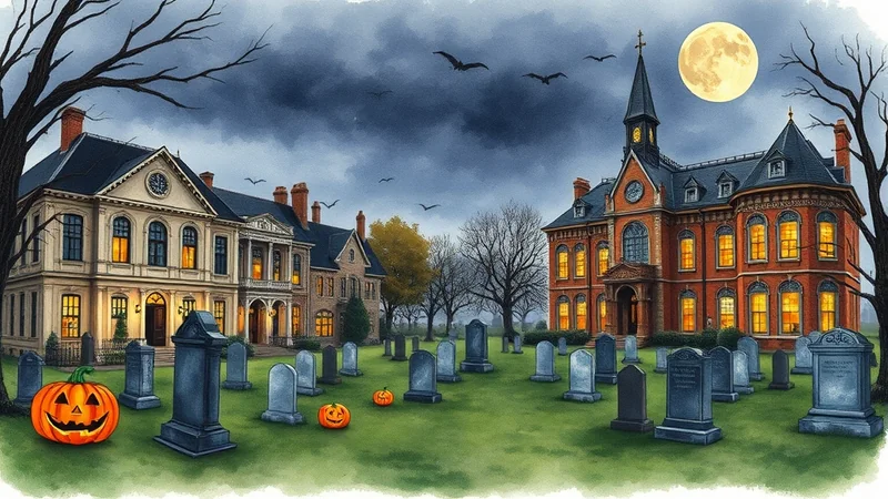 A spooky Halloween scene with two large, old houses, a graveyard with tombstones, and jack-o'-lanterns under a full moon and a cloudy, dark sky with bats flying.
