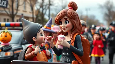 A cartoon-style woman with brown hair tied in a bun, wearing an orange backpack, offers a pink drink to a cartoon boy dressed as Pinocchio, who is holding a blue crayon. They are in a street scene with police cars and other people in costumes in the background, suggesting a Halloween parade or event.