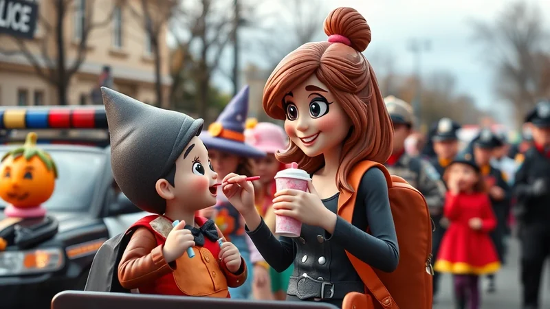 A cartoon-style woman with brown hair tied in a bun, wearing an orange backpack, offers a pink drink to a cartoon boy dressed as Pinocchio, who is holding a blue crayon. They are in a street scene with police cars and other people in costumes in the background, suggesting a Halloween parade or event.