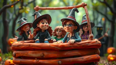 A group of cartoon children dressed as witches ride in a wooden wagon filled with pumpkins, in a forest setting with jack-o-lanterns scattered around.