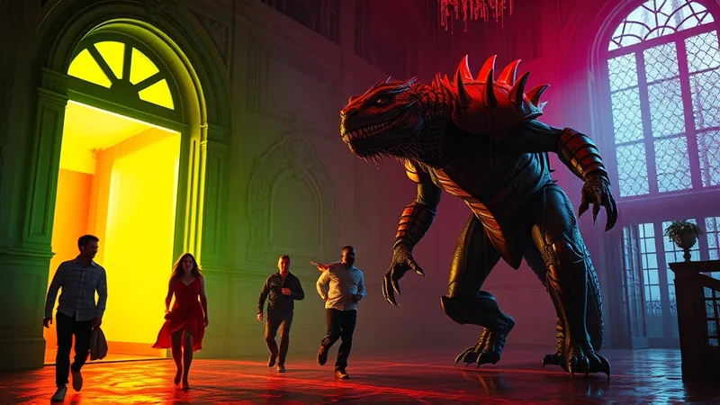 A group of people are running away from a large, menacing dragon inside a grand, dimly lit hall with large windows and dramatic lighting.