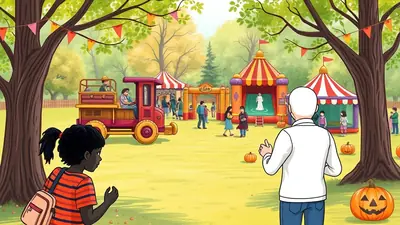 A group of people are enjoying a fall festival with a train ride, bouncy castles, and pumpkins scattered around the grassy area.