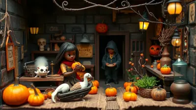 A miniature Halloween scene depicts a young girl doll holding a pumpkin, with a white creature and a goose in a boat nearby. In the background, another child doll stands in a doorway, and the room is decorated with pumpkins, lanterns, and a skull.