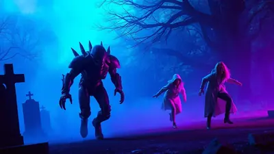 A menacing, armored creature with spikes on its shoulders chases two people through a foggy graveyard at night, illuminated by eerie blue and purple lights.