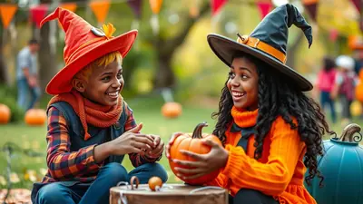 Two Black children dressed in Halloween costumes, one in an orange witch hat and the other in a black witch hat, are sitting on the grass and smiling at each other while holding a small pumpkin. The background is blurred and shows a park decorated with Halloween flags and pumpkins.