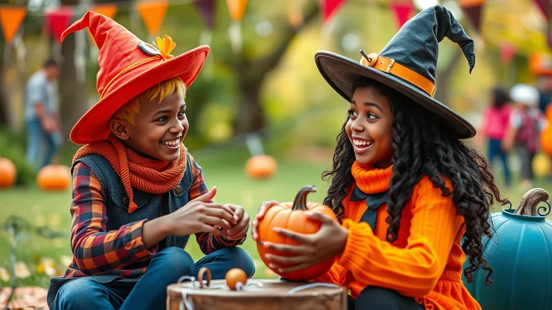 Two Black children dressed in Halloween costumes, one in an orange witch hat and the other in a black witch hat, are sitting on the grass and smiling at each other while holding a small pumpkin. The background is blurred and shows a park decorated with Halloween flags and pumpkins.