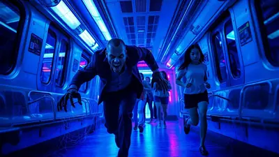 A terrifying zombie with sharp claws and an open mouth lunges forward in a subway car, chasing a young woman and other passengers who are running away in fear.