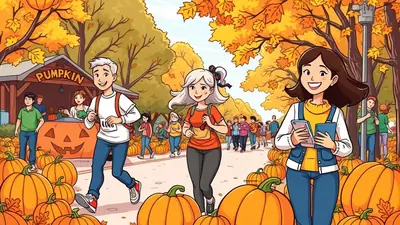 A group of people are running in a pumpkin patch during autumn, with a pumpkin stand in the background and colorful fall foliage overhead.
