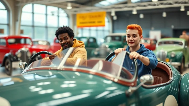 Two people, one with dark curly hair and a yellow hoodie, and another with bright orange hair and a blue hoodie, sit in a vintage green convertible car, smiling at the camera. They are in a showroom filled with classic cars, with red and green vehicles visible in the background.
