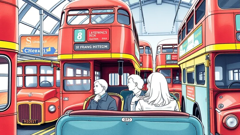 Three people are sitting in the front seats of a double-decker bus, looking out at other red double-decker buses parked in a station. The people are drawn in a stylized, almost cartoonish manner, with simple features and no visible heads. The overall scene has a retro feel, with the classic red buses and a bright, airy station interior.