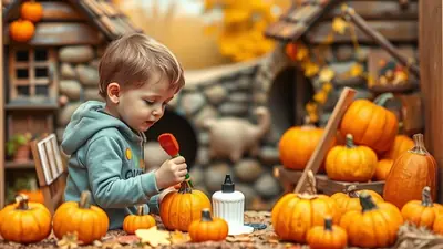 A young boy in a blue hoodie is painting a small pumpkin with a red brush, surrounded by many other pumpkins and autumn decorations, with a rustic wooden structure in the background.