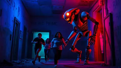 A terrifying robot with glowing red eyes chases three people down a dark, graffiti-covered hallway illuminated by eerie blue and red lights.