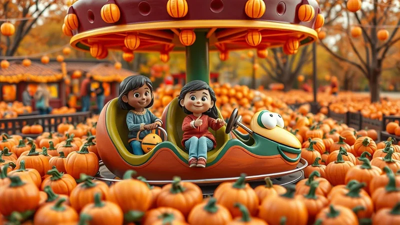 Two cartoon children ride in a pumpkin-themed amusement park ride surrounded by a field of pumpkins and autumn trees.