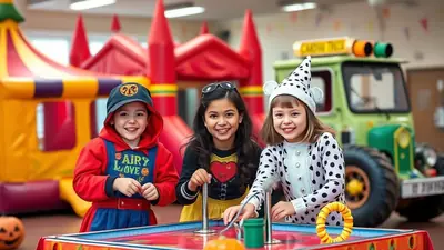 Three smiling children in costumes stand behind a game table, with a bouncy castle and a green tractor in the background.
