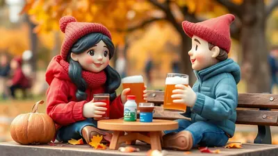 Two cartoon children in red hats and warm clothing sit on a park bench in autumn, toasting with glasses of amber liquid. A small wooden table between them holds two small bottles and a small cup. A pumpkin sits to the left of the girl, and fallen leaves are scattered around them.