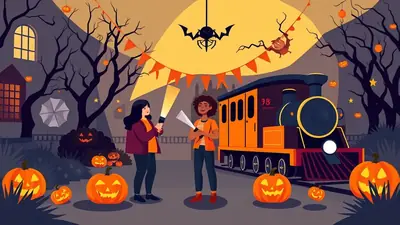 Two young women with flashlights stand in front of a Halloween-themed train decorated with pumpkins and orange bunting. The scene is set at night with bare trees and a spooky atmosphere.