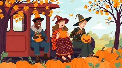 Three friends dressed in Halloween costumes, holding pumpkins, sit on a train with autumn leaves and pumpkins all around.
