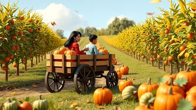 A woman and a boy sit in a wooden wagon filled with pumpkins, surrounded by rows of trees laden with oranges and more pumpkins scattered on the ground, under a bright blue sky.