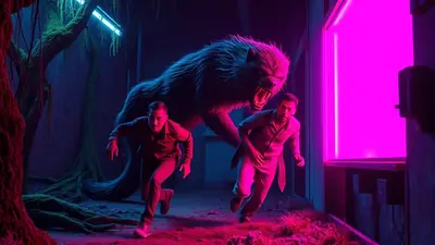 Two men are running away from a large, menacing werewolf in a dimly lit, eerie environment with neon pink and blue lighting.