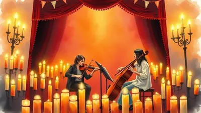 Two women play musical instruments on a stage decorated with numerous lit candles and red curtains, creating a warm and intimate atmosphere.
