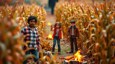 Three children stand in a cornfield at dusk, with a campfire burning in the foreground and another in the background. The child in the middle, a girl, waves to the viewer, while a boy stands to her right and another child is partially visible on the left.