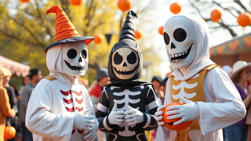 Three people in skeleton costumes stand together outdoors, with one holding a small pumpkin. The person on the left wears a white costume with an orange witch hat, the middle person wears a black costume with a pointed hood, and the person on the right wears a white costume with a yellow vest. Orange balloons are visible in the background, suggesting a festive Halloween atmosphere.