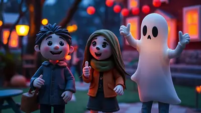 Three cartoon characters, two children and one dressed as a ghost, stand outside a house decorated for Halloween at dusk. The child on the left wears a dark jacket and carries a brown bag. The child in the middle wears an orange jacket and a green scarf, giving a thumbs up. The character on the right is a white ghost with black eyes and a mouth, also giving a thumbs up.