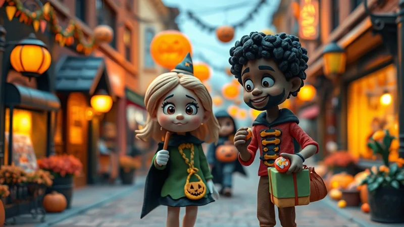 Two cartoon children, a girl dressed as a witch and a boy dressed in a red and yellow outfit, walk down a street decorated for Halloween, holding candy and gifts.