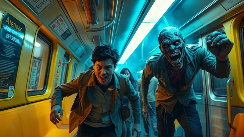 A young man with a terrified expression runs down a subway car, pursued by a snarling zombie with decaying flesh and sharp teeth.